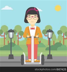 An asian young woman driving electric scooter. Woman on self-balancing electric scooter with two wheels. Woman on electric scooter in the park. Vector flat design illustration. Square layout.. Woman driving electric scooter.