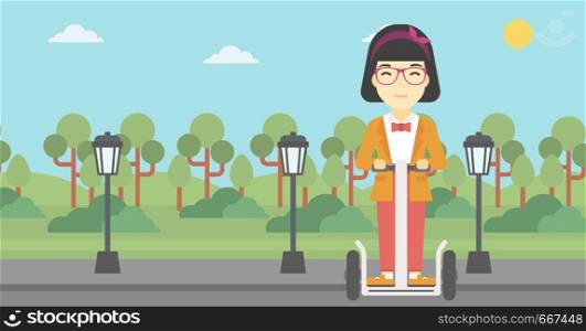 An asian young woman driving electric scooter. Woman on self-balancing electric scooter with two wheels. Woman on electric scooter in the park. Vector flat design illustration. Horizontal layout. Woman driving electric scooter.