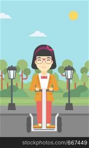 An asian young woman driving electric scooter. Woman on self-balancing electric scooter with two wheels. Woman on electric scooter in the park. Vector flat design illustration. Vertical layout.. Woman driving electric scooter.