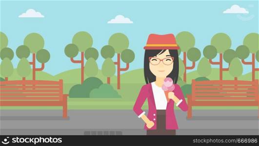 An asian young woman eating a big ice cream in cone. Happy woman holding an ice cream in hand. Woman enjoying an ice cream at park. Vector flat design illustration. Horizontal layout.. Woman eating ice cream vector illustration.