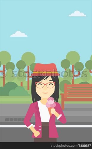 An asian young woman eating a big ice cream in cone. Happy woman holding an ice cream in hand. Woman enjoying an ice cream at park. Vector flat design illustration. Vertical layout.. Woman eating ice cream vector illustration.