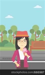 An asian young woman eating a big ice cream in cone. Happy woman holding an ice cream in hand. Woman enjoying an ice cream at park. Vector flat design illustration. Vertical layout.. Woman eating ice cream vector illustration.