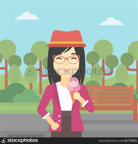 An asian young woman eating a big ice cream in cone. Happy woman holding an ice cream in hand. Woman enjoying an ice cream at park. Vector flat design illustration. Square layout.. Woman eating ice cream vector illustration.