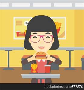 An asian young woman eating hamburger. Happy woman with eyes closed craving hamburger. Woman is about to eat delicious hamburger in the cafe. Vector flat design illustration. Square layout.. Woman eating hamburger vector illustration.