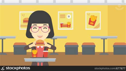 An asian young woman eating hamburger. Happy woman with eyes closed craving hamburger. Woman is about to eat delicious hamburger in the cafe. Vector flat design illustration. Horizontal layout.. Woman eating hamburger vector illustration.