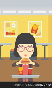 An asian young woman eating hamburger. Happy woman with eyes closed craving hamburger. Woman is about to eat delicious hamburger in the cafe. Vector flat design illustration. Vertical layout.. Woman eating hamburger vector illustration.