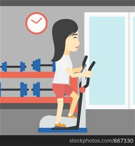 An asian young woman exercising on elliptical trainer. Woman working out using elliptical trainer at the gym. Woman using elliptical trainer. Vector flat design illustration. Square layout.. Woman exercising on elliptical trainer.