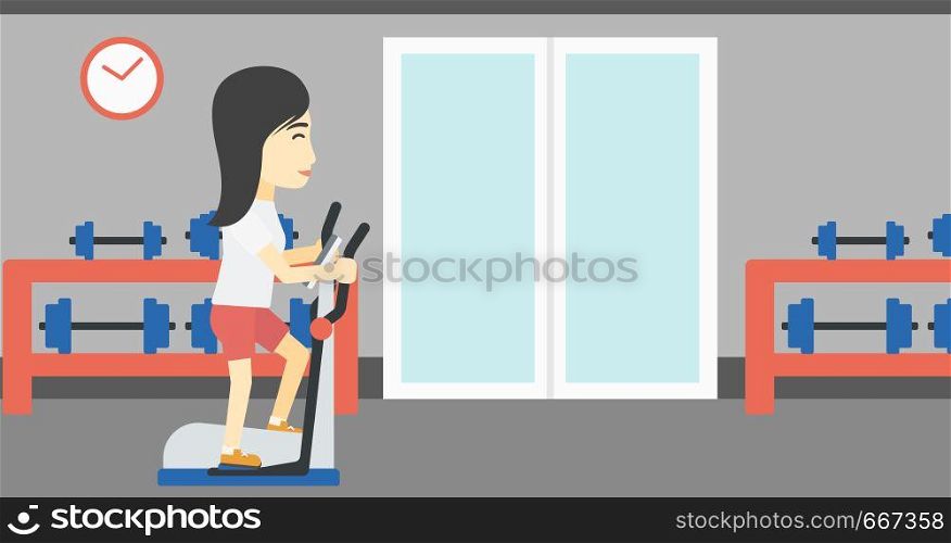 An asian young woman exercising on elliptical trainer. Woman working out using elliptical trainer at the gym. Woman using elliptical trainer. Vector flat design illustration. Horizontal layout. Woman exercising on elliptical trainer.