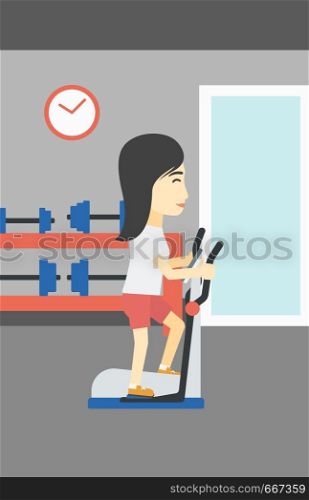 An asian young woman exercising on elliptical trainer. Woman working out using elliptical trainer at the gym. Woman using elliptical trainer. Vector flat design illustration. Vertical layout.. Woman exercising on elliptical trainer.