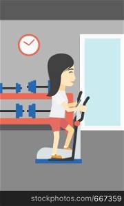 An asian young woman exercising on elliptical trainer. Woman working out using elliptical trainer at the gym. Woman using elliptical trainer. Vector flat design illustration. Vertical layout.. Woman exercising on elliptical trainer.