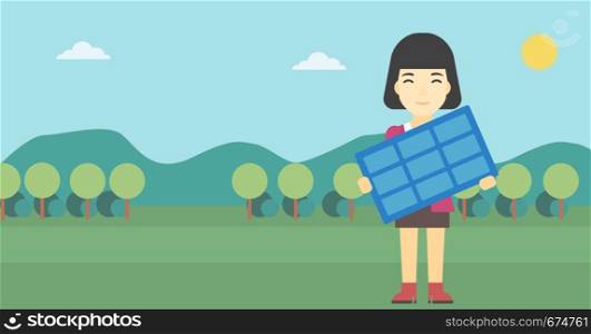 An asian young woman holding a solar panel in hands on the background of mountain landscape. Green energy concept. Vector flat design illustration. Horizontal layout.. Woman holding solar panel vector illustration.