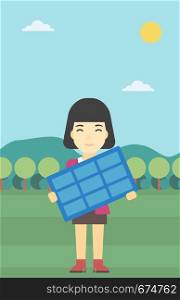 An asian young woman holding a solar panel in hands on the background of mountain landscape. Green energy concept. Vector flat design illustration. Vertical layout.. Woman holding solar panel vector illustration.
