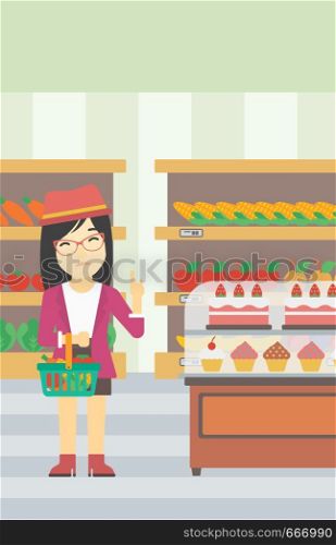 An asian young woman holding basket with healthy food and refusing junk food. Woman choosing healthy food and rejecting junk food in supermarket. Vector flat design illustration. Vertical layout.. Woman refusing junk food vector illustration.