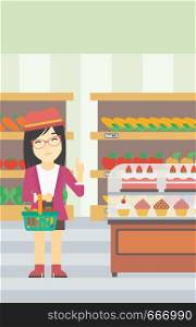 An asian young woman holding basket with healthy food and refusing junk food. Woman choosing healthy food and rejecting junk food in supermarket. Vector flat design illustration. Vertical layout.. Woman refusing junk food vector illustration.