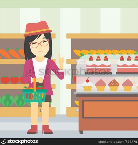 An asian young woman holding basket with healthy food and refusing junk food. Woman choosing healthy food and rejecting junk food in supermarket. Vector flat design illustration. Square layout.. Woman refusing junk food vector illustration.