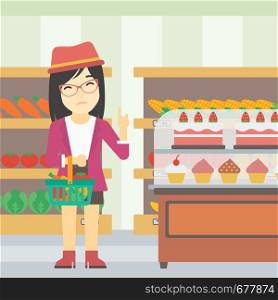 An asian young woman holding basket with healthy food and refusing junk food. Woman choosing healthy food and rejecting junk food in supermarket. Vector flat design illustration. Square layout.. Woman refusing junk food vector illustration.