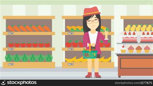 An asian young woman holding basket with healthy food and refusing junk food. Woman choosing healthy food and rejecting junk food in supermarket. Vector flat design illustration. Horizontal layout.. Woman refusing junk food vector illustration.