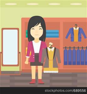 An asian young woman holding hanger with dress and jacket. Woman choosing dress at clothing store. Shop assistant offering suit jacket and dress. Vector flat design illustration. Square layout.. Woman holding dress with jacket.