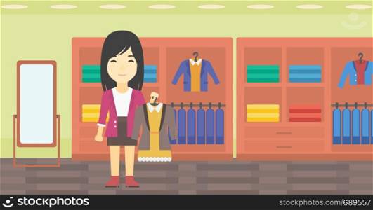 An asian young woman holding hanger with dress and jacket. Woman choosing dress at clothing store. Shop assistant offering suit jacket and dress. Vector flat design illustration. Horizontal layout.. Woman holding dress with jacket.