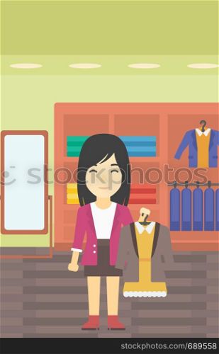 An asian young woman holding hanger with dress and jacket. Woman choosing dress at clothing store. Shop assistant offering suit jacket and dress. Vector flat design illustration. Vertical layout.. Woman holding dress with jacket.