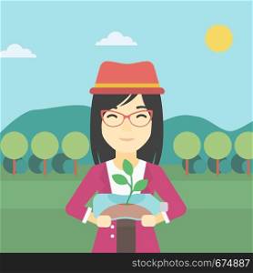 An asian young woman holding in hands plastic bottle with plant growing inside. Man holding plastic bottle used as plant pot. Recycling concept. Vector flat design illustration. Square layout.. Woman holding plant growing in plastic bottle.
