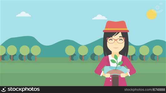 An asian young woman holding in hands plastic bottle with plant growing inside. Man holding plastic bottle used as plant pot. Recycling concept. Vector flat design illustration. Horizontal layout.. Woman holding plant growing in plastic bottle.
