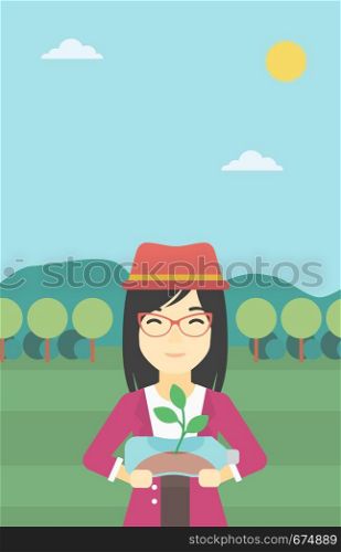 An asian young woman holding in hands plastic bottle with plant growing inside. Man holding plastic bottle used as plant pot. Recycling concept. Vector flat design illustration. Vertical layout.. Woman holding plant growing in plastic bottle.