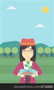 An asian young woman holding in hands plastic bottle with plant growing inside. Man holding plastic bottle used as plant pot. Recycling concept. Vector flat design illustration. Vertical layout.. Woman holding plant growing in plastic bottle.