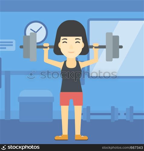 An asian young woman lifting a heavy weight barbell. Sports woman doing exercise with barbell in the gym. Female weightlifter holding a barbell. Vector flat design illustration. Square layout.. Woman lifting barbell vector illustration.