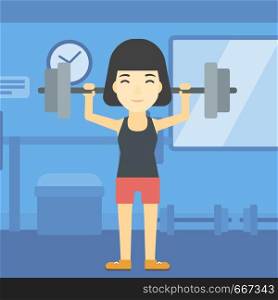An asian young woman lifting a heavy weight barbell. Sports woman doing exercise with barbell in the gym. Female weightlifter holding a barbell. Vector flat design illustration. Square layout.. Woman lifting barbell vector illustration.
