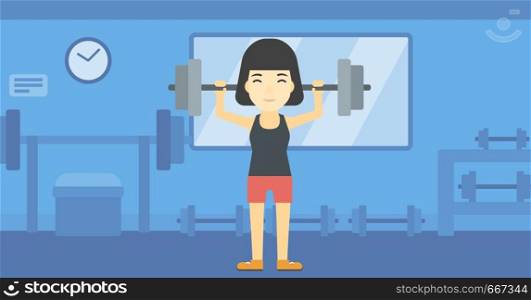 An asian young woman lifting a heavy weight barbell. Sports woman doing exercise with barbell in the gym. Female weightlifter holding a barbell. Vector flat design illustration. Horizontal layout. Woman lifting barbell vector illustration.