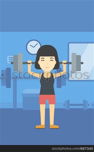An asian young woman lifting a heavy weight barbell. Sports woman doing exercise with barbell in the gym. Female weightlifter holding a barbell. Vector flat design illustration. Vertical layout.. Woman lifting barbell vector illustration.