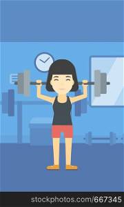 An asian young woman lifting a heavy weight barbell. Sports woman doing exercise with barbell in the gym. Female weightlifter holding a barbell. Vector flat design illustration. Vertical layout.. Woman lifting barbell vector illustration.