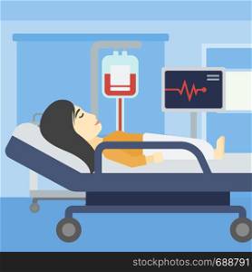 An asian young woman lying in bed at hospital ward. Patient with heart rate monitor and equipment for blood transfusion in medical room. Vector flat design illustration. Square layout.. Woman lying in hospital bed vector illustration.