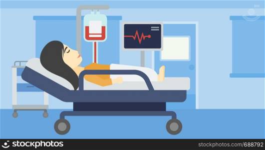An asian young woman lying in bed at hospital ward. Patient with heart rate monitor and equipment for blood transfusion in medical room. Vector flat design illustration. Horizontal layout.. Woman lying in hospital bed vector illustration.