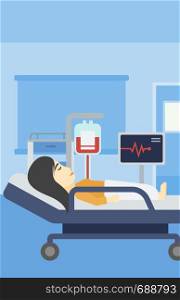 An asian young woman lying in bed at hospital ward. Patient with heart rate monitor and equipment for blood transfusion in medical room. Vector flat design illustration. Vertical layout.. Woman lying in hospital bed vector illustration.