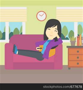 An asian young woman lying on a sofa and watching tv with a remote control in his hand. Vector flat design illustration. Square layout.. Woman lying on sofa vector illustration.