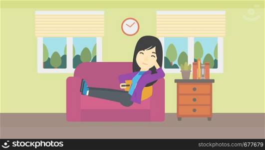 An asian young woman lying on a sofa and watching tv with a remote control in his hand. Vector flat design illustration. Horizontal layout.. Woman lying on sofa vector illustration.