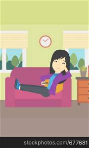 An asian young woman lying on a sofa and watching tv with a remote control in his hand. Vector flat design illustration. Vertical layout.. Woman lying on sofa vector illustration.