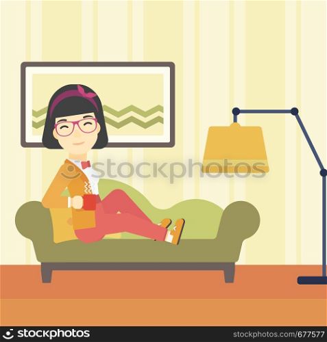 An asian young woman lying on sofa in living room and holding a cup of hot flavored tea. Vector flat design illustration. Square layout.. Wioman lying with cup of tea vector illustration.