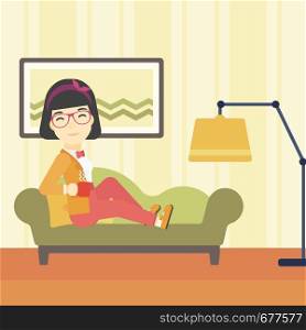 An asian young woman lying on sofa in living room and holding a cup of hot flavored tea. Vector flat design illustration. Square layout.. Wioman lying with cup of tea vector illustration.