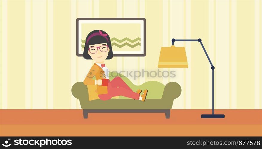 An asian young woman lying on sofa in living room and holding a cup of hot flavored tea. Vector flat design illustration. Horizontal layout.. Wioman lying with cup of tea vector illustration.