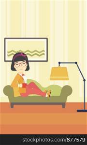 An asian young woman lying on sofa in living room and holding a cup of hot flavored tea. Vector flat design illustration. Vertical layout.. Wioman lying with cup of tea vector illustration.