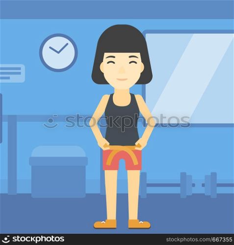 An asian young woman measuring his waistline with a tape in the gym. Woman measuring with tape the abdomen. Woman with centimeter on a waist. Vector flat design illustration. Square layout.. Woman measuring waist vector illustration.