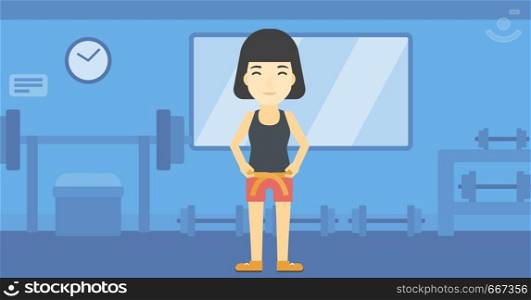 An asian young woman measuring his waistline with a tape in the gym. Woman measuring with tape the abdomen. Woman with centimeter on a waist. Vector flat design illustration. Horizontal layout. Woman measuring waist vector illustration.