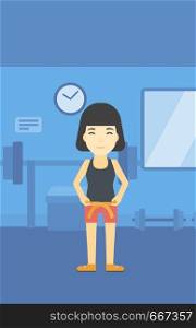 An asian young woman measuring his waistline with a tape in the gym. Woman measuring with tape the abdomen. Woman with centimeter on a waist. Vector flat design illustration. Vertical layout.. Woman measuring waist vector illustration.