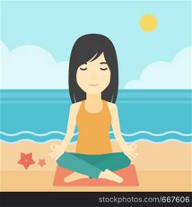 An asian young woman meditating in yoga lotus pose outdoor. Woman relaxing in the yoga lotus position. Woman doing yoga on nature. Vector flat design illustration. Square layout.. Woman meditating in lotus pose.