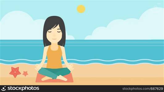 An asian young woman meditating in yoga lotus pose outdoor. Woman relaxing in the yoga lotus position. Woman doing yoga on nature. Vector flat design illustration. Horizontal layout. Woman meditating in lotus pose.