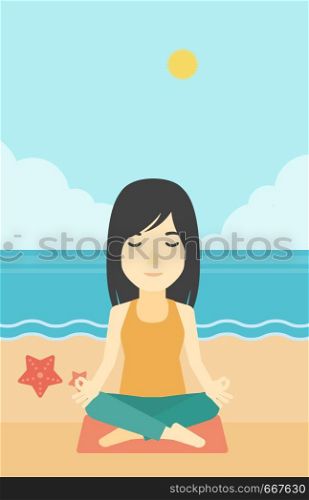 An asian young woman meditating in yoga lotus pose outdoor. Woman relaxing in the yoga lotus position. Woman doing yoga on nature. Vector flat design illustration. Vertical layout.. Woman meditating in lotus pose.