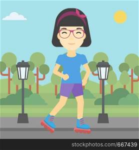 An asian young woman on roller-skates in the park. Full length of sports woman in protective sportwear on rollers skating outdoors. Vector flat design illustration. Square layout.. Sporty woman on roller-skates vector illustration.